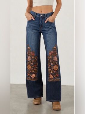 Driftwood Jeans Size 26 Embroidered Floral Wide Leg Denim Corduroy Panel Boho